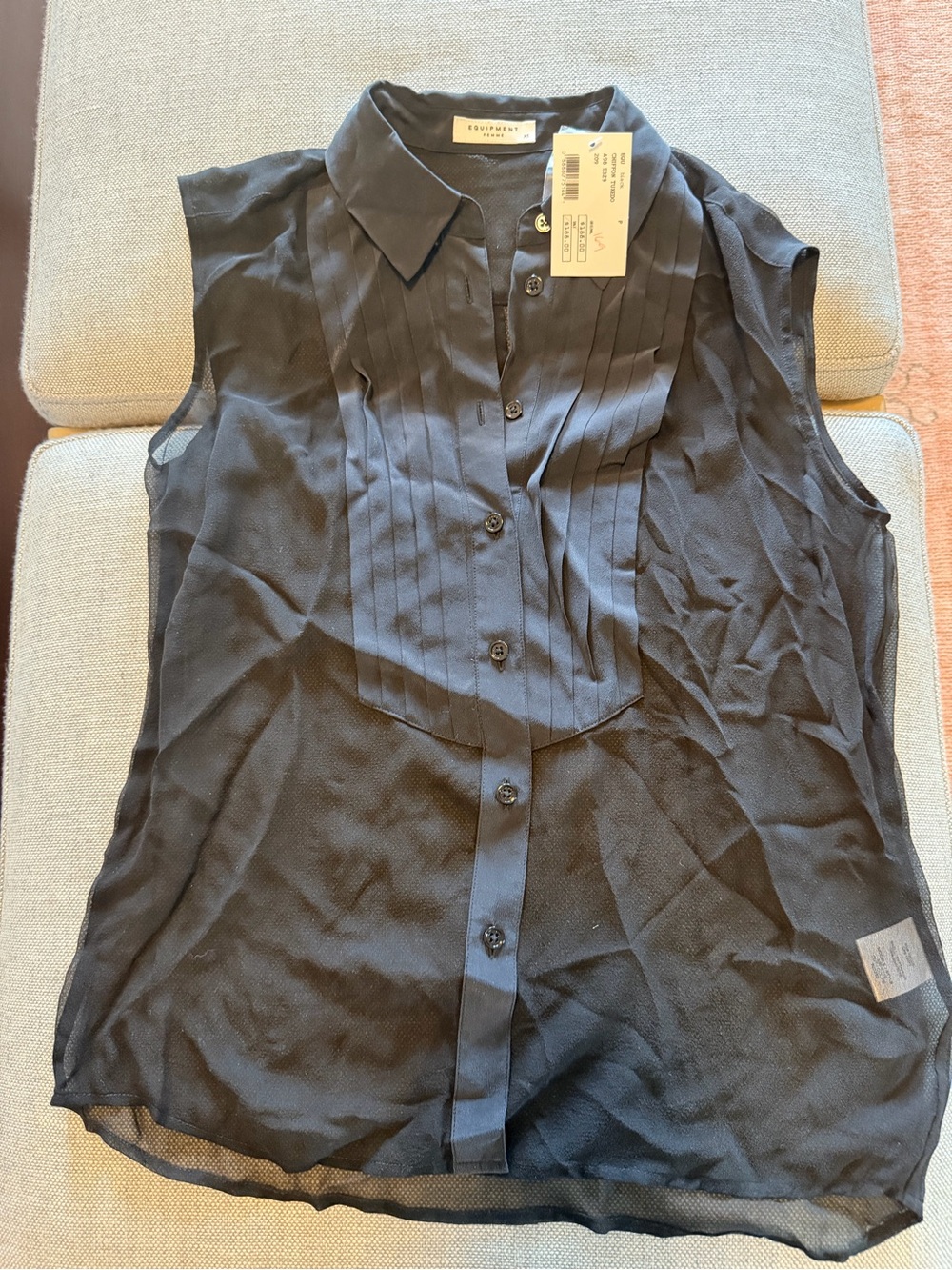 Equipment Silk Sheer Black Sleeveless Pleated Front Button-Up Blouse